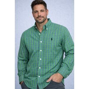 Ralph Lauren Custom Fit Green Blue Plaid Button Down Shirt Mens Medium